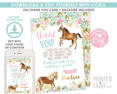 Floral Horse Thank You Cards, Girl Birthday (EDITABLE, INSTANT DOWNLOAD)