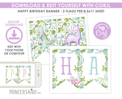 Dinosaur Girl Birthday Banner, Editable Party Decor (Instant Download)