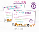 Puppy Kitty Adoption Certificate, Birthday Party Printable (Instant Download)