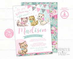 Vintage Floral Kitty Cat Birthday Invitation, Editable Digital Invite