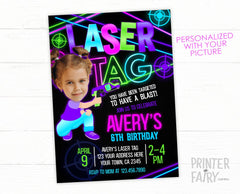 Laser Tag Birthday Invitation Girl, Photo, Neon Party (Printable Invite)