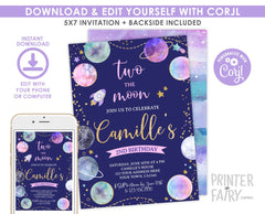 Two the Moon Invitation, Space 2nd Birthday, EDITABLE (Digital Invite)