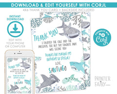 Editable Shark Thank You Cards, Under the Sea Birthday (Instant Download)