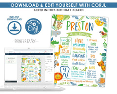 Jungle 1st Birthday Milestones Board, Safari Party Decor (INSTANT DOWNLOAD)
