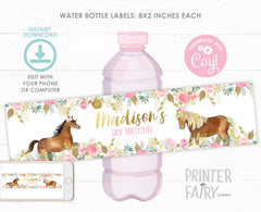 Floral Horse Birthday Water Bottle Labels, EDITABLE (Digital Download)