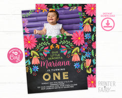 First Fiesta Birthday Invitation, Floral Photo Invite (Digital Download)