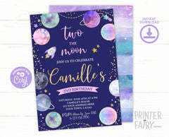 Two the Moon Invitation, Space 2nd Birthday, EDITABLE (Digital Invite)