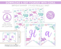 Shark Birthday Party Printable Banner Editable Template, Instant Download