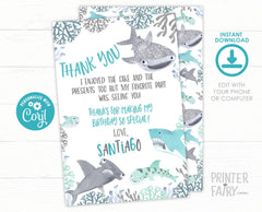 Editable Shark Thank You Cards, Under the Sea Birthday (Instant Download)