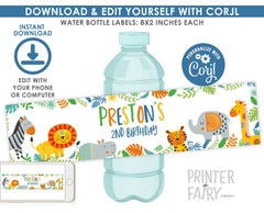 Editable Jungle Birthday Water Bottle Labels (Digital Download)