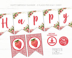 Strawberry Birthday Banner, Editable Party Decor (Instant Download)