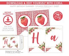 Strawberry Birthday Banner, Editable Party Decor (Instant Download)
