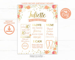 Peach 1st Birthday Board, Floral Girl Sign (INSTANT DOWNLOAD)