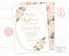 Floral Christening Invitation, Editable Template (Instant Download)