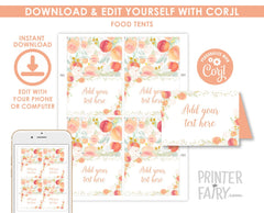 Peach Floral Food Tents, Girl Birthday Party Place Cards (INSTANT DOWNLOAD)