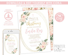 Floral Christening Invitation, Editable Template (Instant Download)