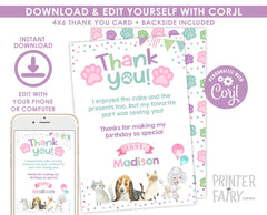 Puppies Kitties Thank You Card Editable Template (Digital Download)