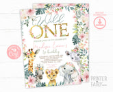 Wild One Floral Safari Birthday Invitation, Jungle Animals (INSTANT DOWNLOAD)
