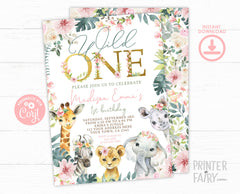 Wild One Floral Safari Birthday Invitation, Jungle Animals (INSTANT DOWNLOAD)