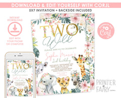 Two Wild Safari Birthday Invitation, Floral Jungle Animals (Digital Download)