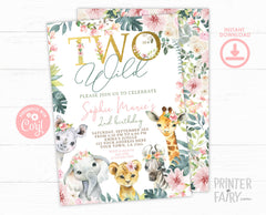 Two Wild Safari Birthday Invitation, Floral Jungle Animals (Digital Download)