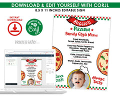 Editable Pizza Party Menu, Birthday Restaurant Sign (Instant Download)