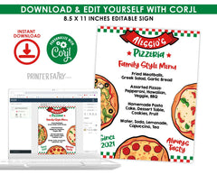 Pizza Birthday Party Menu Sign, Editable Restaurant Menu (Instant Download)