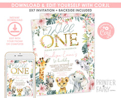 Wild One Floral Safari Birthday Invitation, Jungle Animals (INSTANT DOWNLOAD)