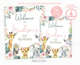 Floral Jungle Birthday Welcome Sign, Editable Safari Decor (Digital Download)