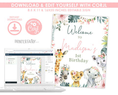 Floral Jungle Birthday Welcome Sign, Editable Safari Decor (Digital Download)
