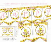 Bee Birthday Banner, Sunflower Bunting, Editable Printable (Instant Download)