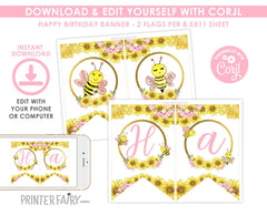 Bee Birthday Banner, Sunflower Bunting, Editable Printable (Instant Download)