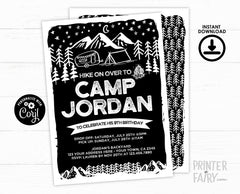 Camping Birthday Invitation, Editable Black & White (Instant Download)