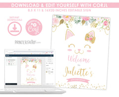 Floral Kitty Welcome Sign, Editable Birthday Party Decor (Instant Download)
