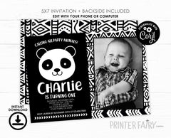 Panda Birthday Invitation with Photo, Editable Digital Invite