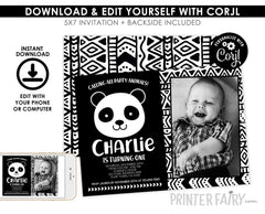 Panda Birthday Invitation with Photo, Editable Digital Invite