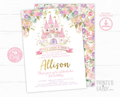 Princess Birthday Party Invitation Editable Template, Instant Download