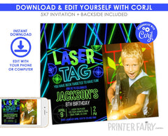 Laser Tag Birthday Invitation, Neon Glow, Editable Digital Invite