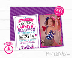 Carnival Birthday Party Invitation Editable Template, Instant Download