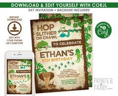 Reptile Birthday Invitation, Editable Animal Party (Digital)