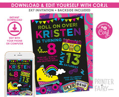 80s Roller Skate Birthday Invitation, Retro Party (Digital Download)