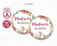 Editable Koala Birthday Toppers, Floral Labels (Instant Download)