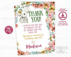 Floral Koala Thank You Card, EDITABLE (Digital Download)