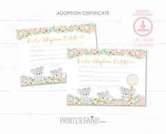 Koala Adoption Certificate & Sign, Birthday Party Decor (Digital Download)