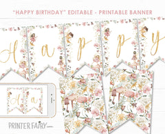 Fairy Birthday Banner, Floral Garden Party Decorations (Instant Download)