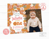 Hippie Floral Birthday Invitation, Retro Groovy One (Editable, Instant Download)