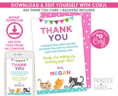 Editable Kitty Cat Thank You Card, Pet Birthday (Instant Download)