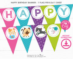 Kitty Cat Birthday Banner, Pawty Decorations (Editable, Instant Download)