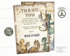 Dragon Birthday Party Thank You Cards Editable Template, Instant Download
