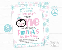 Penguin 1st Birthday Invitation, Editable Winter Party (INSTANT DOWNLOAD)